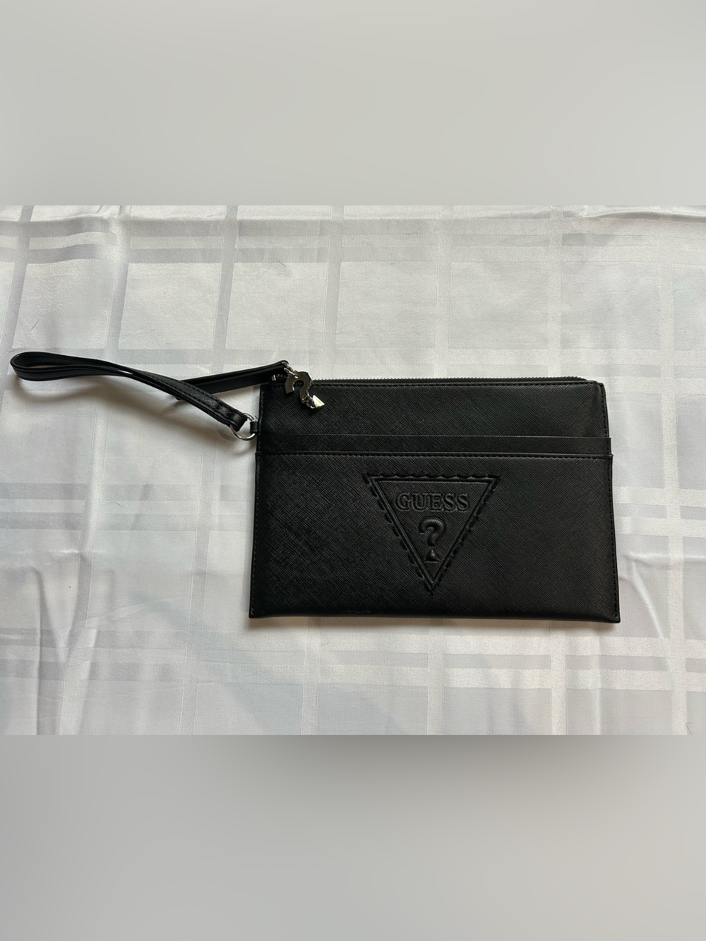GUESS Black Textured Wristlet Clutch with Logo Triangle